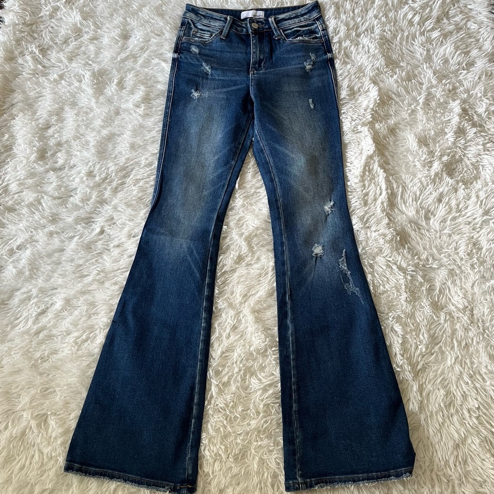 VERVET BY FLYING MONKEY Dark Blue Distressed Flare Jeans